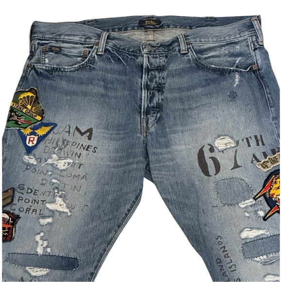 Polo Ralph Lauren Varick Slim Straight Jeans Military Patches Distressed 38 x 32 - Picture 5 of 16